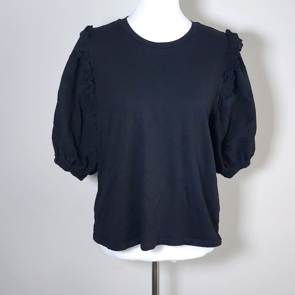 Icōne Simons Eyelet Puff Sleeve Top Womens XL Black Organic Cotton Whimsigoth